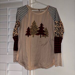 Beige and Red Tree Print Long Sleeve Shirt